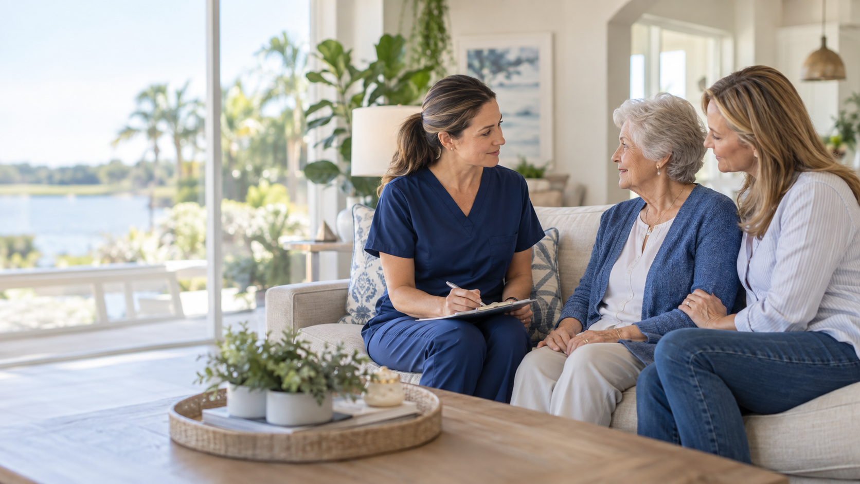 A nurse speaking with an older client and her daughter during a home consultation